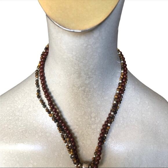 Vintage Premier Designs Eye Tiger Silver Tone Brown Beaded Medallion Necklace - Picture 6 of 10